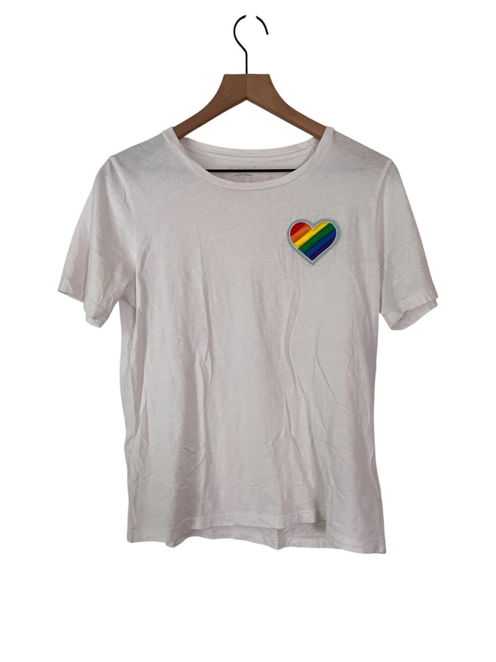 Kate Spade Rainbow Heart T-Shirt White Short Sleeve Crew Neck Top Size Small